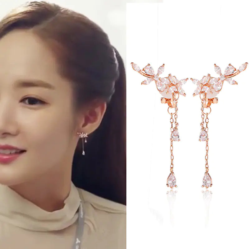 B336 Floral Zircon Earrings with Back Hanging Design
