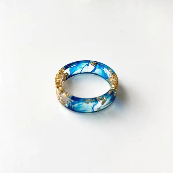Colorful Handmade Resin Ring with Dried Flowers and Gold Foil