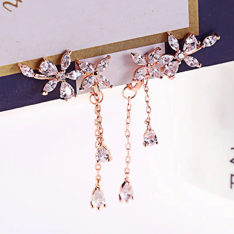 B336 Floral Zircon Earrings with Back Hanging Design