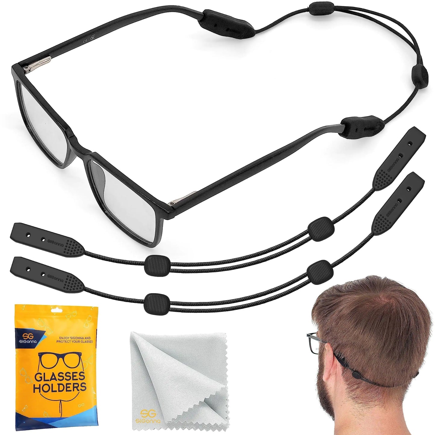 SIGONNA Glasses Strap Eyeglass Holder Band No Tail Sunglasses Strap Sports for Men Women Adjustable Eyeglasses Strap Lanyard Anti Slip Eye Glasses Holders Around Neck Head 2 Pcs