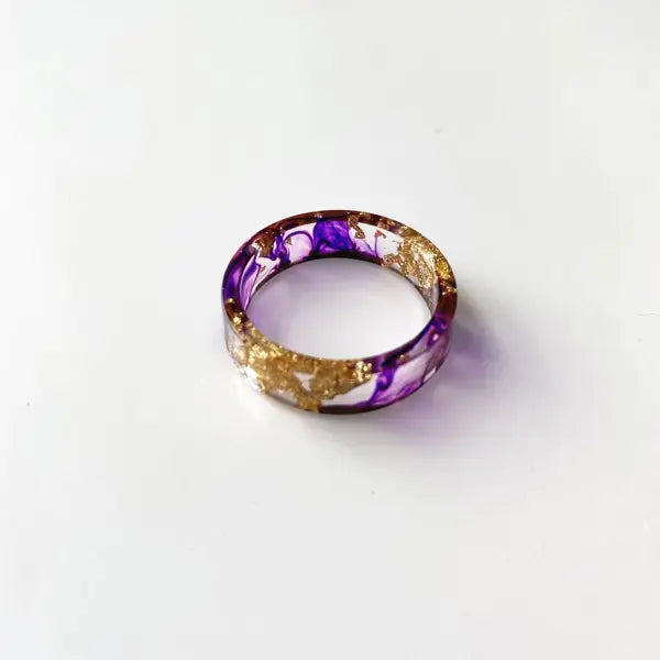 Colorful Handmade Resin Ring with Dried Flowers and Gold Foil