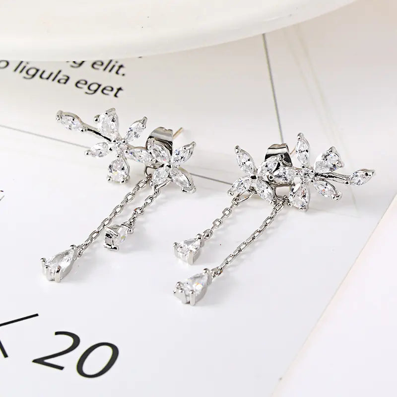 B336 Floral Zircon Earrings with Back Hanging Design