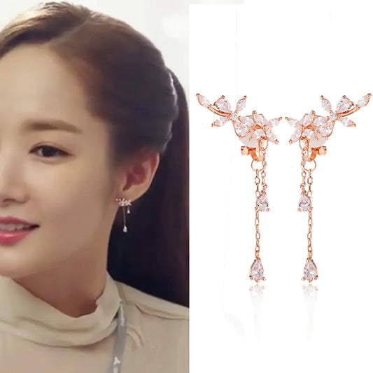 B336 Floral Zircon Earrings with Back Hanging Design