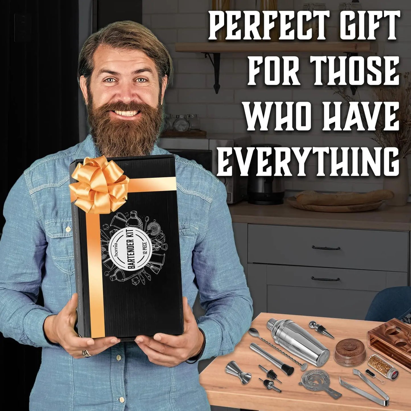 Bartender Kit with Whiskey Smoker 13 pcs Pine Stand  Bar Set with Cocktail Shaker Bartending Kit with Essential Bar Accessory Tools Wood Chips Steel (Torch not Included)