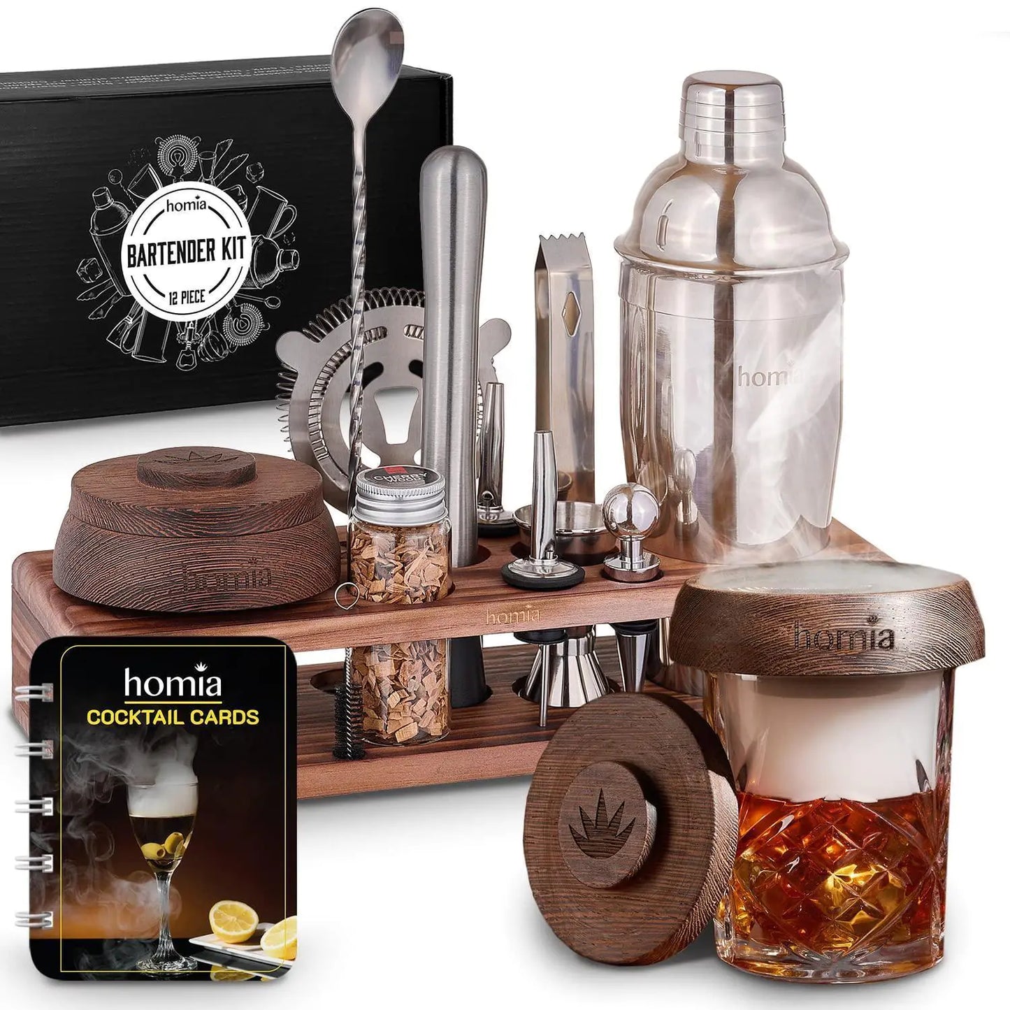 Bartender Kit with Whiskey Smoker 13 pcs Pine Stand  Bar Set with Cocktail Shaker Bartending Kit with Essential Bar Accessory Tools Wood Chips Steel (Torch not Included)