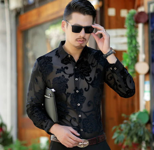 Hollow Design Long Sleeve Shirt with Printed Short Sleeves