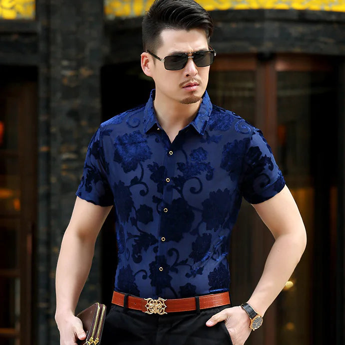 Hollow Design Long Sleeve Shirt with Printed Short Sleeves