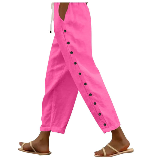 Striped Linen Pants Women Summer Casual Side Button Drawstring Pants Lightweight Loose Boho Beach Pants Comfy Work Pants Women High Waisted Pants Linen Pants Women Summer Ankle Pants Crop Pants