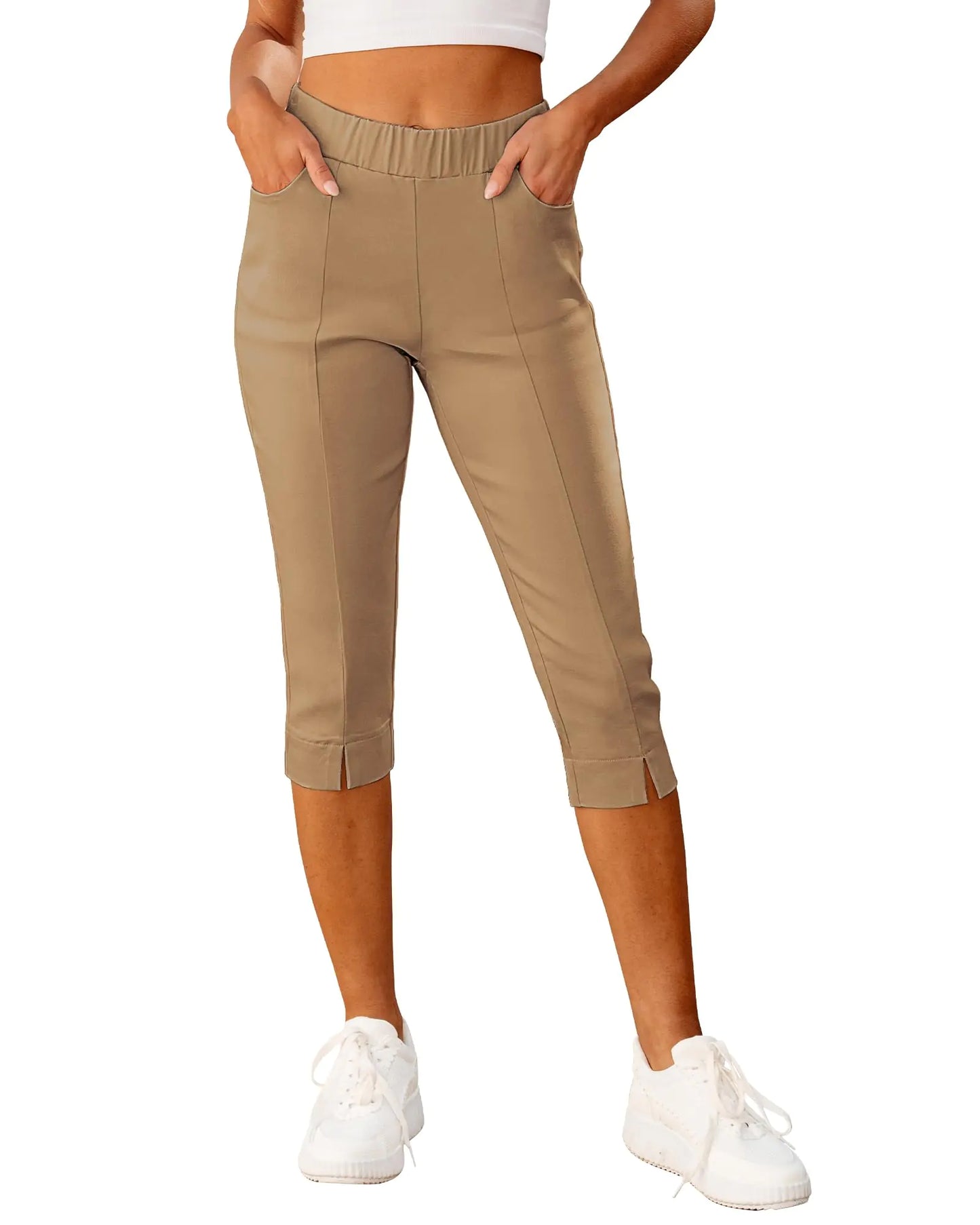 GRAPENT Womens Pants Casual Ladies Pants Womens Pants Summer Elastic Waist Pants for Women Womens Capri Pants Womens Pants Trendy Comfy Pants Women Color Beige Size XXL XX-Large Size 20 Size 22