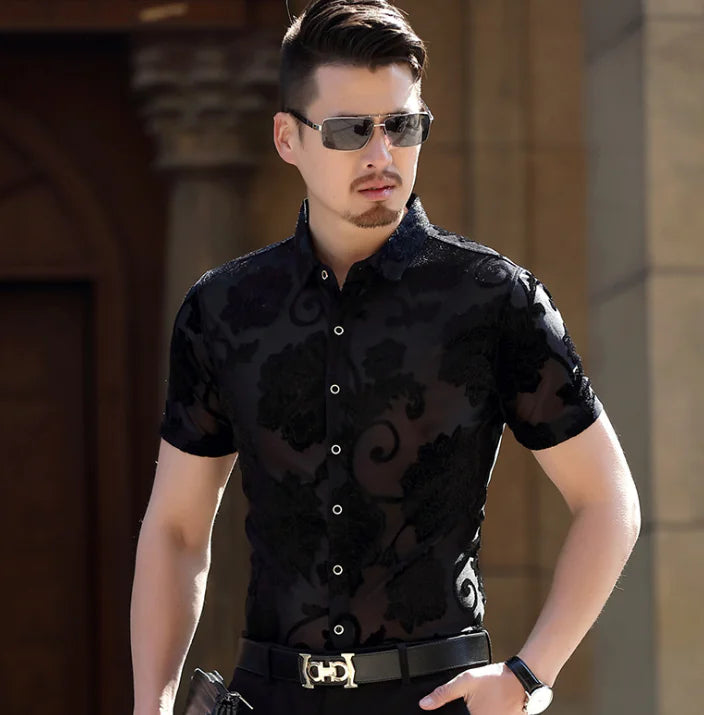 Hollow Design Long Sleeve Shirt with Printed Short Sleeves