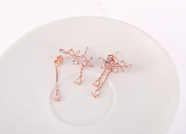 B336 Floral Zircon Earrings with Back Hanging Design