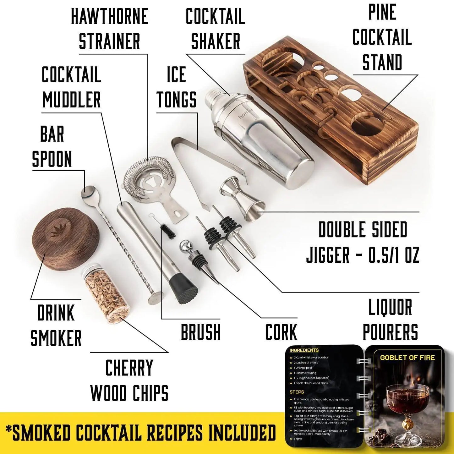 Bartender Kit with Whiskey Smoker 13 pcs Pine Stand  Bar Set with Cocktail Shaker Bartending Kit with Essential Bar Accessory Tools Wood Chips Steel (Torch not Included)