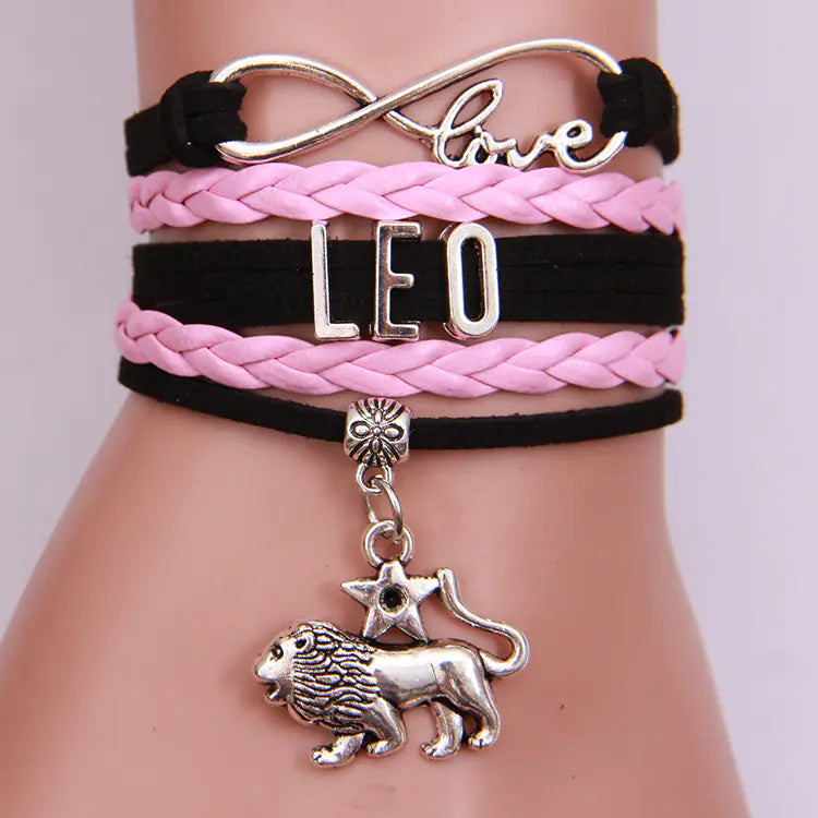 12 Zodiac Woven Bracelets, Couple Leather Bands