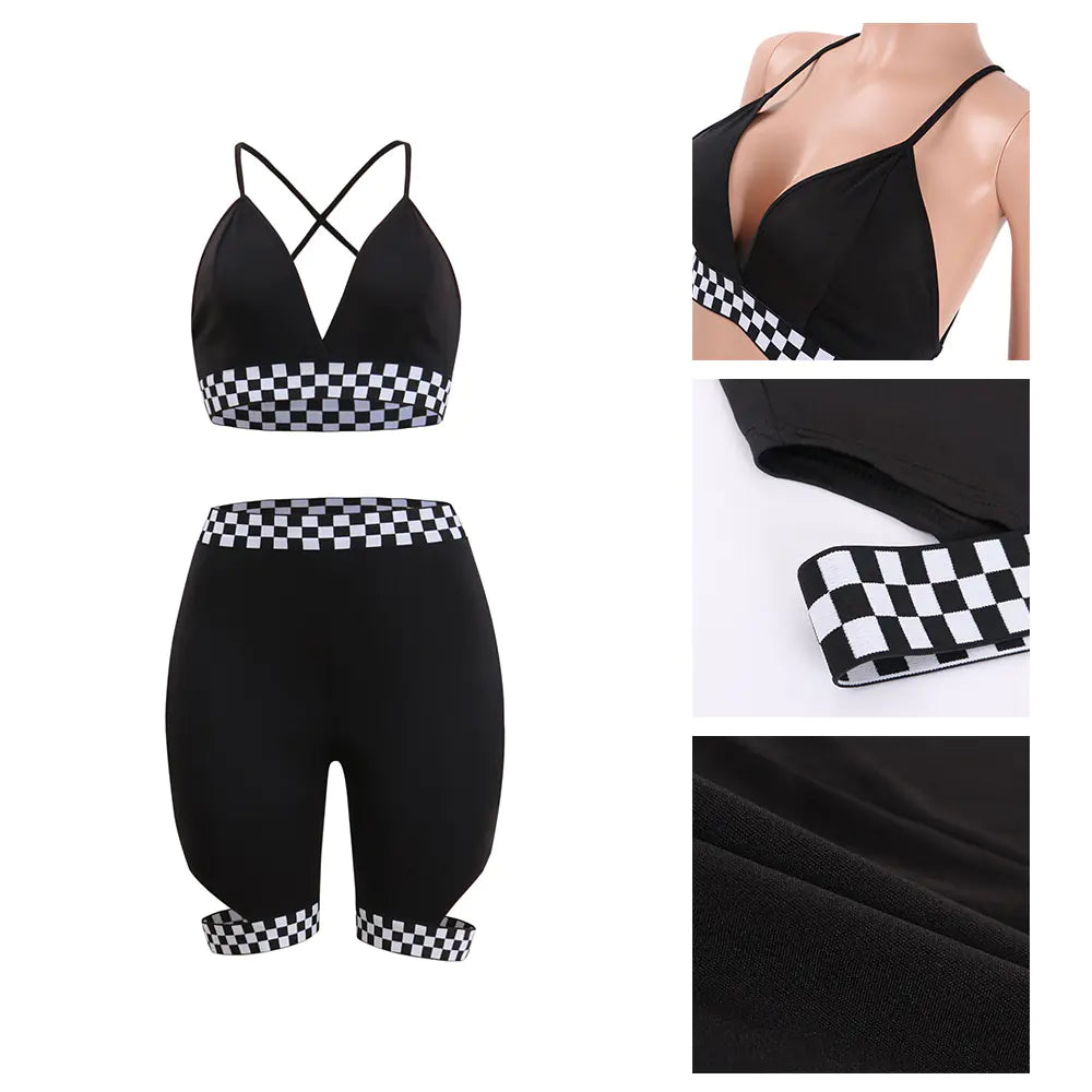 Stylish Bra, Checkered Leggings, Racing Suit & Set