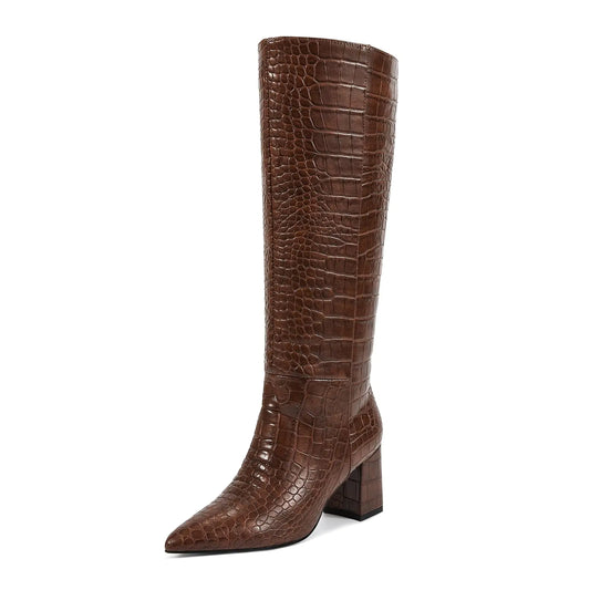 wetkiss Brown Boots Knee High Boots for Women Chunky Heel Faux Crocodile Boots Pointed Toe Tall Boots Boots Wide Calf Pull-On Block Heel Boots (Crocodile Brown Size6)
