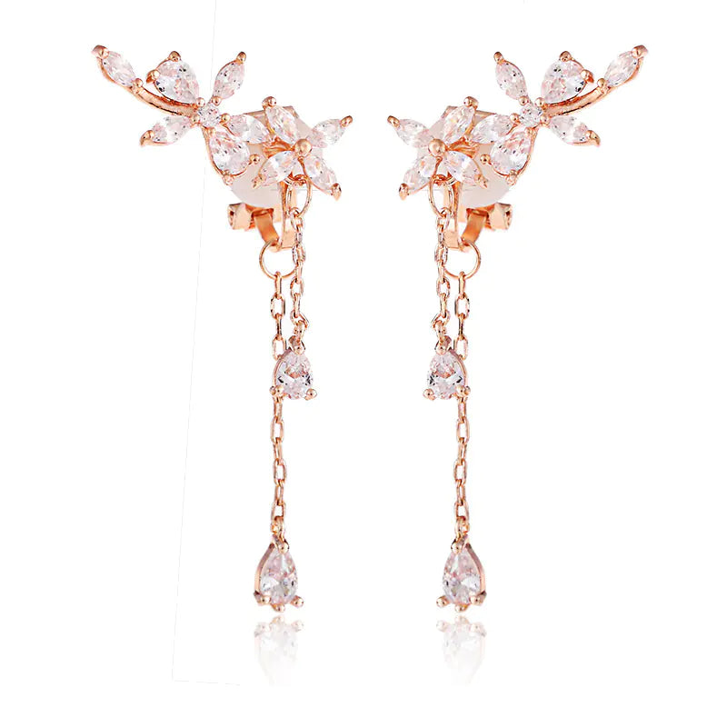 B336 Floral Zircon Earrings with Back Hanging Design