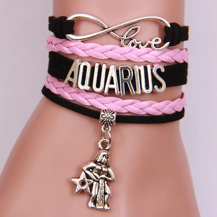 12 Zodiac Woven Bracelets, Couple Leather Bands