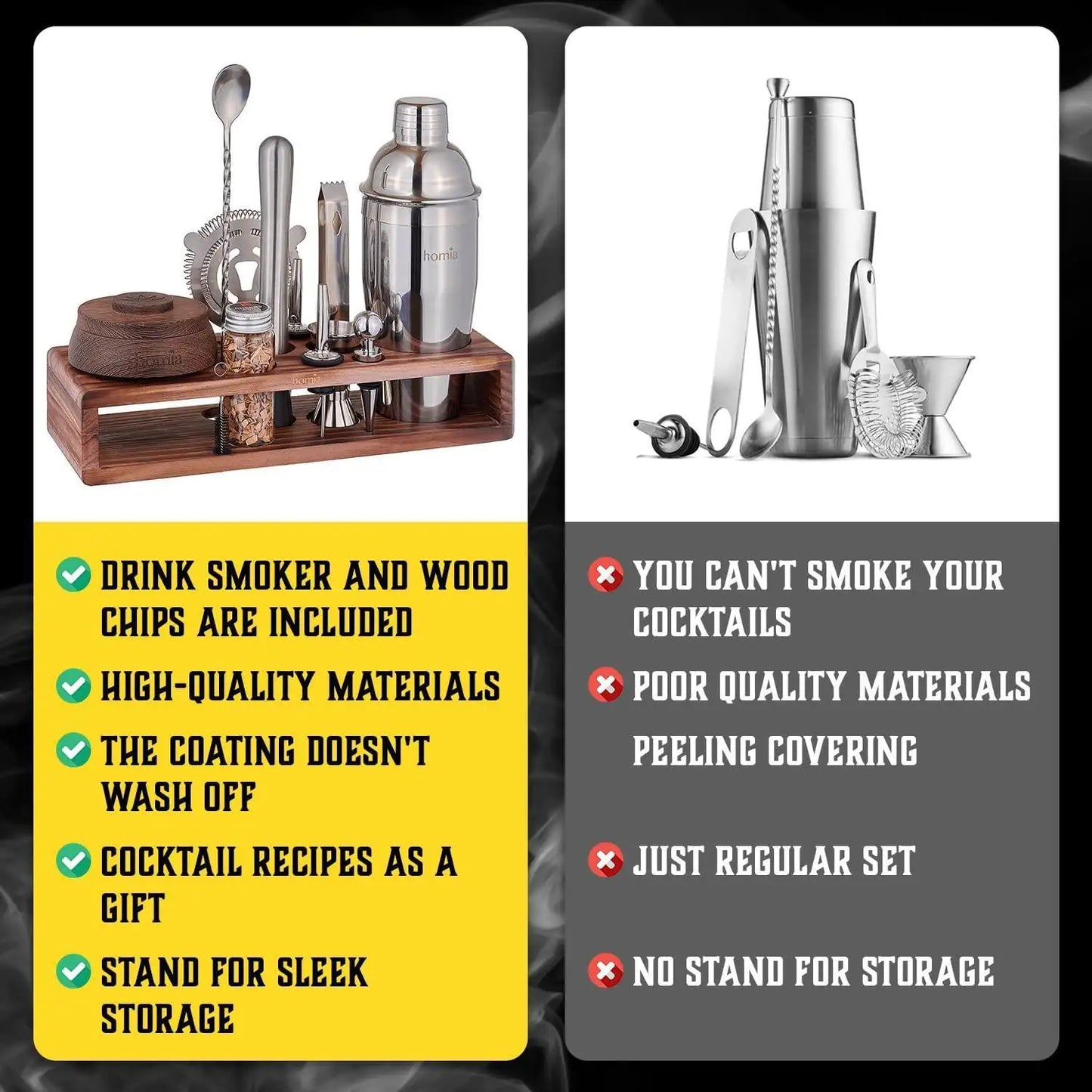 Bartender Kit with Whiskey Smoker 13 pcs Pine Stand  Bar Set with Cocktail Shaker Bartending Kit with Essential Bar Accessory Tools Wood Chips Steel (Torch not Included)