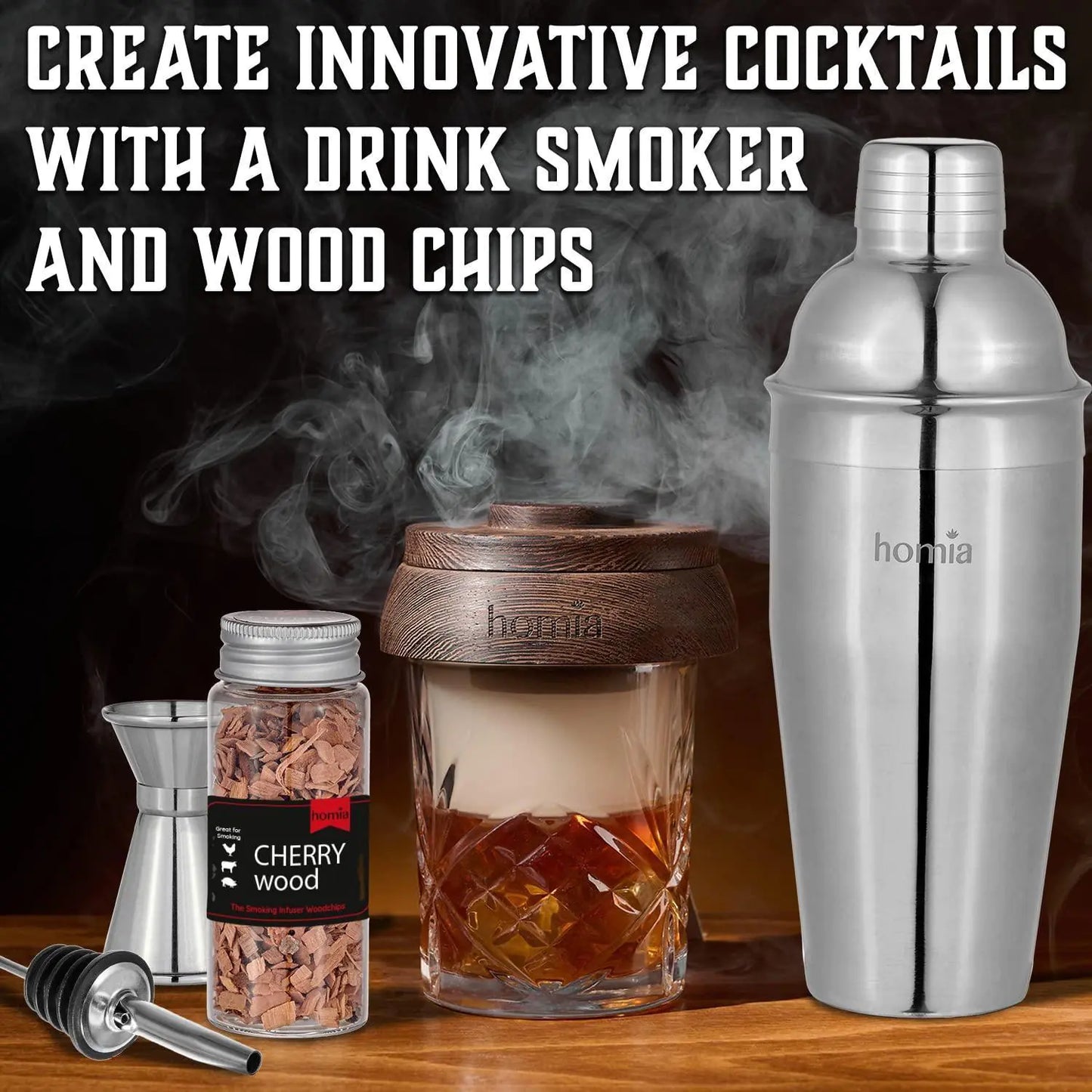 Bartender Kit with Whiskey Smoker 13 pcs Pine Stand  Bar Set with Cocktail Shaker Bartending Kit with Essential Bar Accessory Tools Wood Chips Steel (Torch not Included)