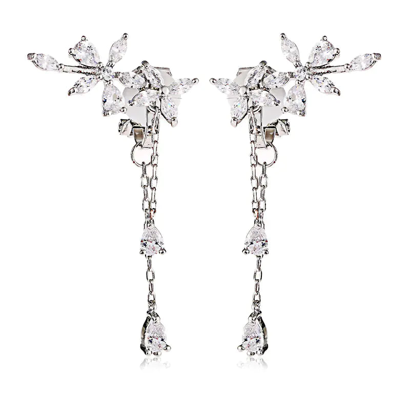 B336 Floral Zircon Earrings with Back Hanging Design