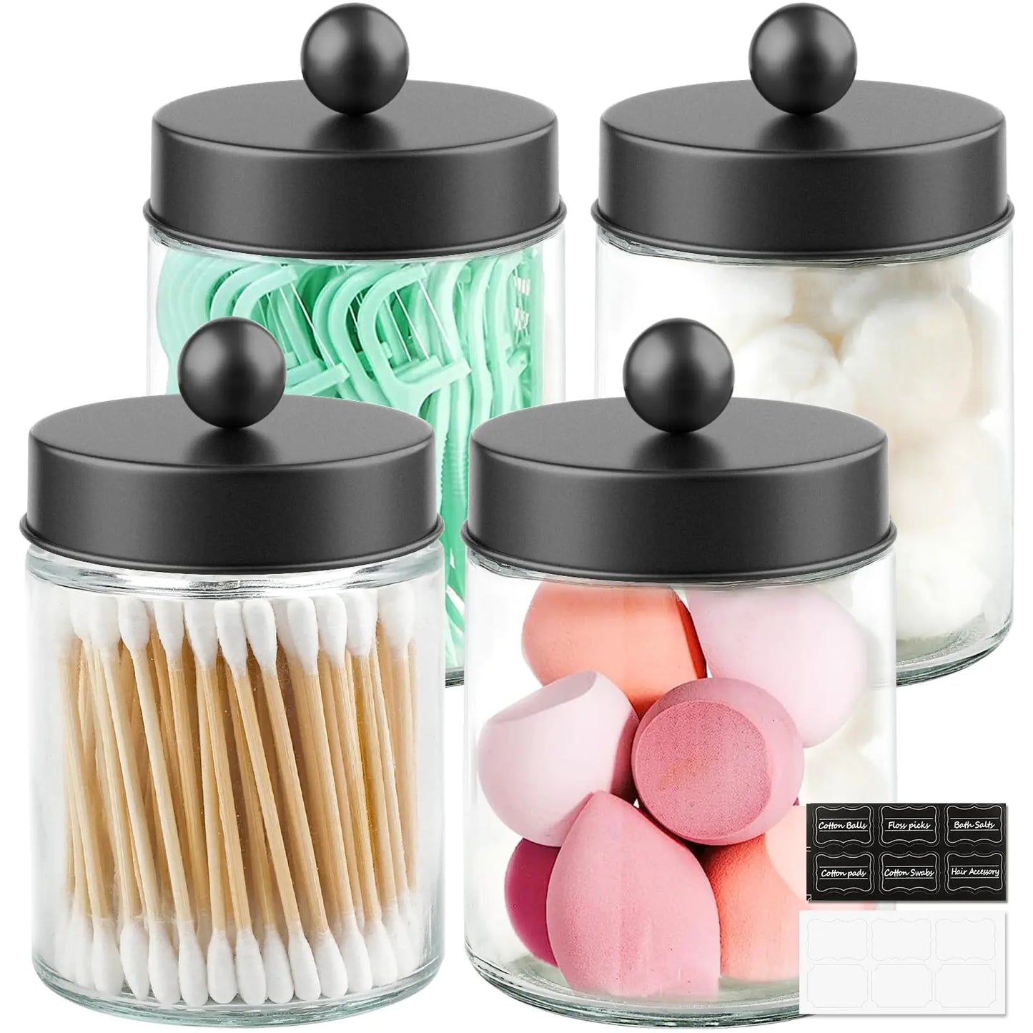 Goramio 4 Pack Glass Apothecary Jars with Lids for Bathroom Cute Qtip Holder Black Bathroom Accessories Set Small Bathroom Canisters with Lids for Q-Tips Cotton Swabs Black Bathroom Decor